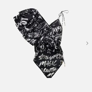 CAMILLA Spirit Scribble Ruffle Shoulder Bodysuit Black Graffiti Print S NEW